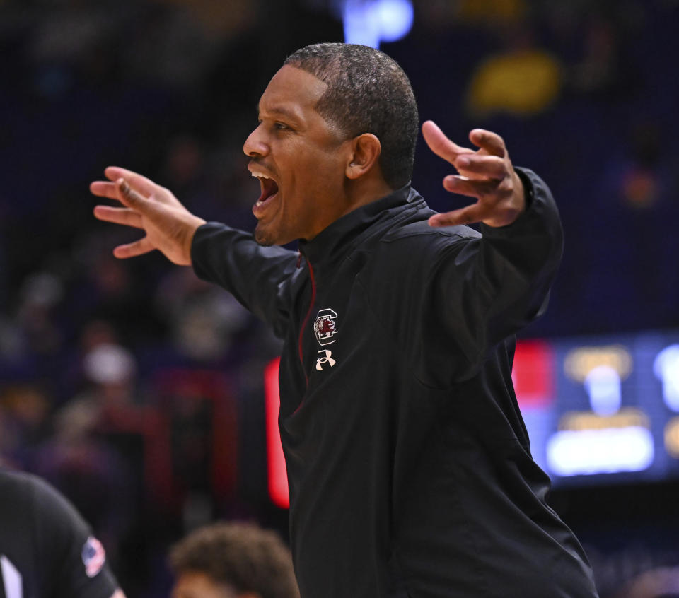 South Carolina head coach Lamont Paris coaches against LSU during an NCAA college basketball game, Saturday, Feb. 18, 2023, in Baton Rouge, La. (Hilary Scheinuk/The Advocate via AP)