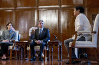 Secretary of State Antony Blinken, center, accompanied by U.S. Ambassador to the Philippines MaryKay Carlson, left, meets with Philippine President Ferdinand Marcos Jr., right, at the Malacanang Palace in Manila, Philippines, Saturday, Aug. 6, 2022. Blinken is on a ten day trip to Cambodia, Philippines, South Africa, Congo, and Rwanda. (AP Photo/Andrew Harnik, Pool)