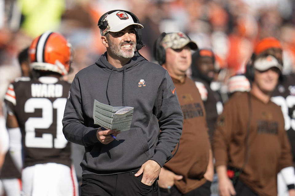Cleveland Browns head coach Kevin Stefanski watches from the sideline during the first half of an NFL football game against the Arizona Cardinals Sunday, Nov. 5, 2023, in Cleveland. (AP Photo/Sue Ogrocki)