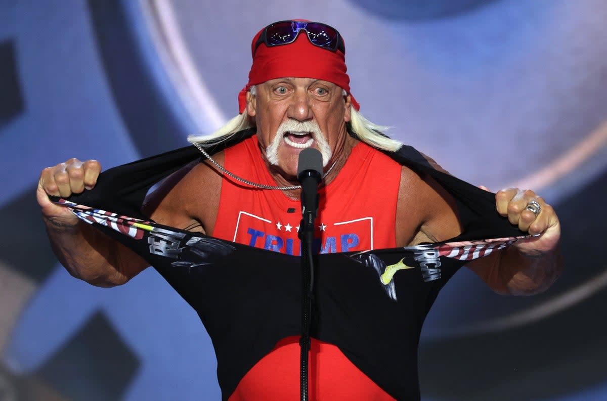 In one of the highlights of his address, Hogan ripped his shirt off to reveal a vest that read ‘Trump/ Vance 2024’ (REUTERS)