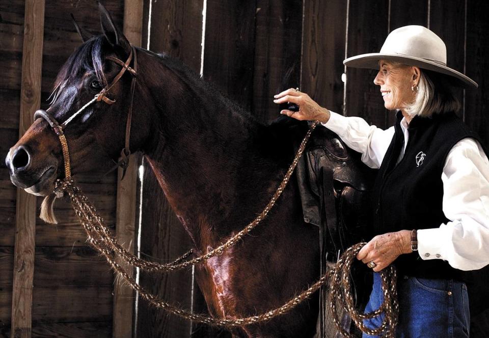 Sheila Varian with her arabian mare Breeze V at her ranch in Corbett Canyon, Varian was recently inducted into the Cowgirl Hall of Fame in Fort Worth, Texas. Photo from Nov. 27, 2003.