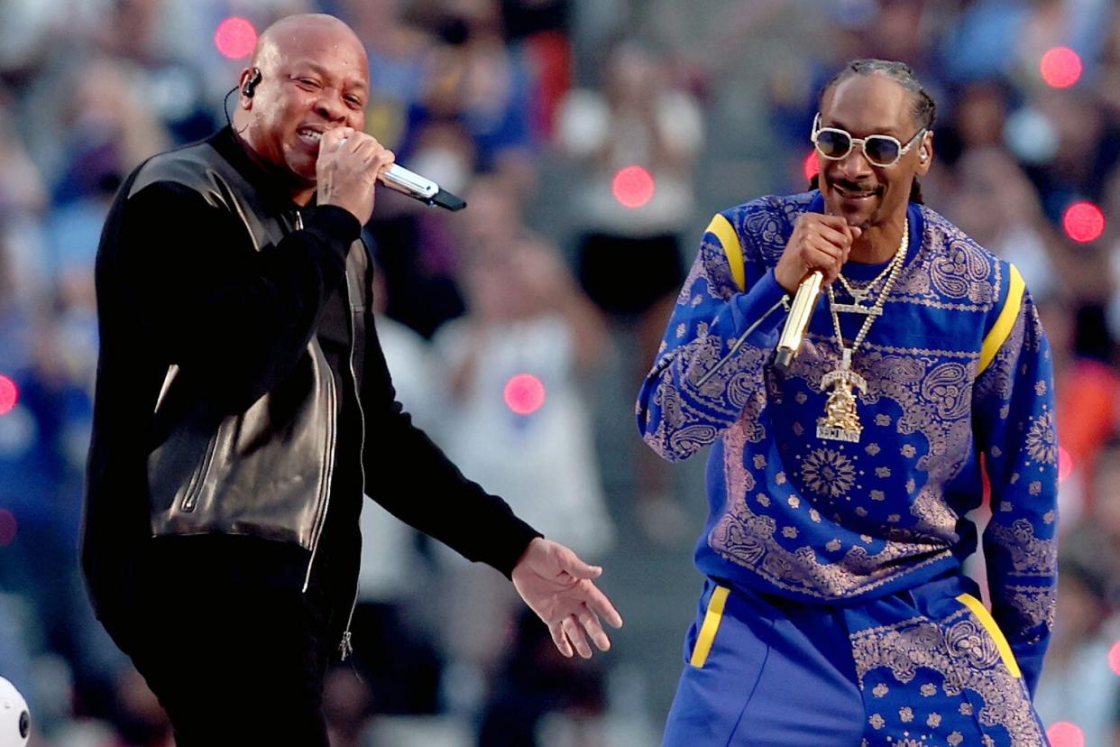 Dre and Snoop Dogg perform during the Pepsi Super Bowl LVI Halftime Show at SoFi Stadium on February 13, 2022 in Inglewood, California.