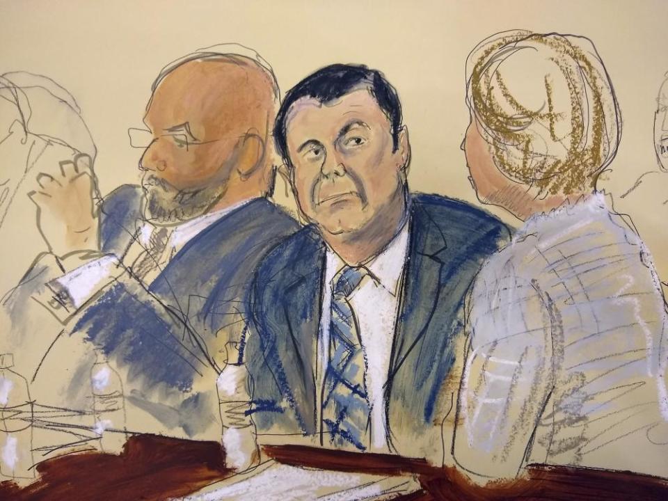 In this courtroom sketch, Guzmán, center, listens in court.