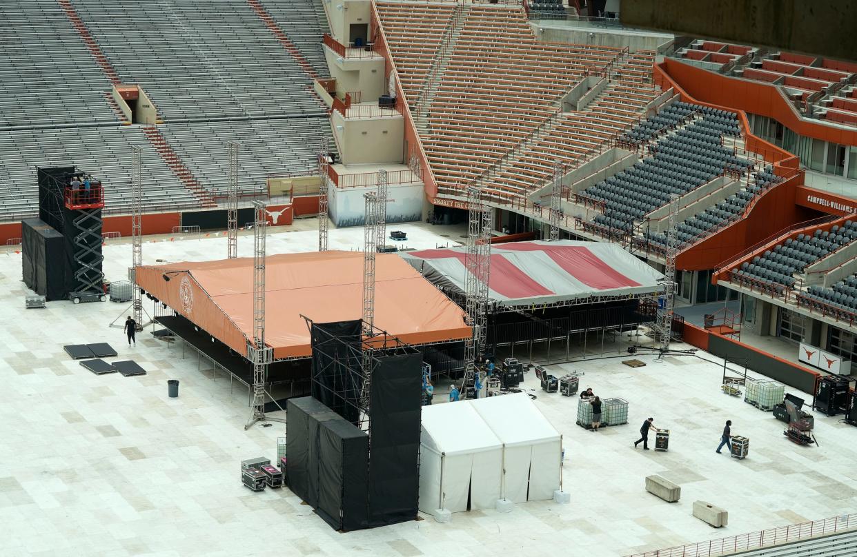Preparations are underway in Royal-Texas Memorial Stadium for Saturday's University of Texas universitywide commencement ceremony.