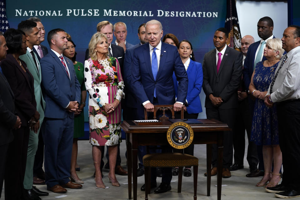 President Joe Biden speaks before signing the National Pulse Memorial bill into law during an event in the South Court Auditorium on the White House campus, Friday, June 25, 2021, in Washington. (AP Photo/Evan Vucci)