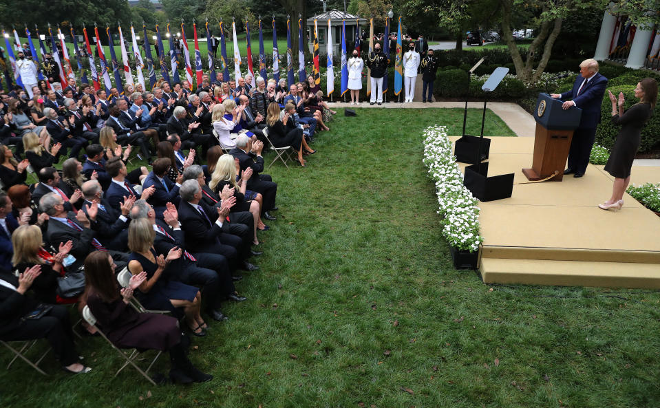 President Trump announces Judge Amy Coney Barrett as his nominee to the Supreme Court in the Rose Garden at the White House on September 26, 2020. Seven people in attendance have since tested positive for COVID-19. / Credit: Chip Somodevilla/Getty Images