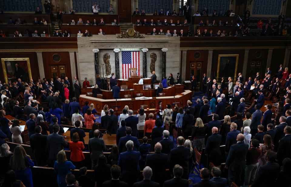Members of the 118th Congress stand for the Pledge of Allegiance on the first day of the 118th Congress in the House Chamber of the U.S. Capitol Building on January 03, 2023 in Washington, DC. Today members of the 118th Congress will be sworn-in and the House of Representatives will elect a new Speaker of the House.