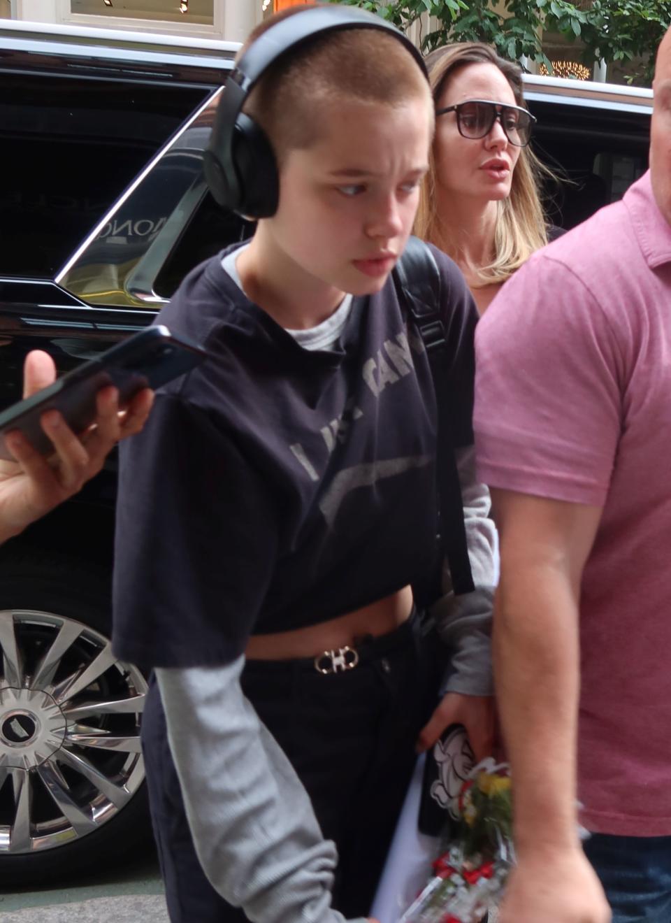 Shiloh Jolie-Pitt Buzz Cut, Crop Top in NYC: Photos