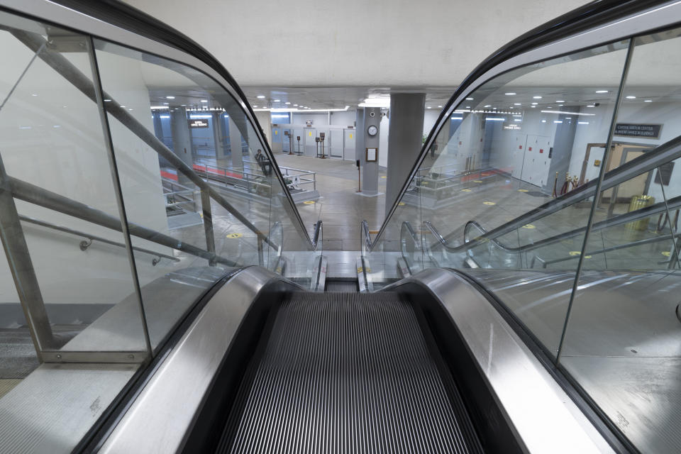 This June 30, 2021, photo shows the Senate Subway of the Capitol in Washington. The U.S. Capitol is still closed to most public visitors. It's the longest stretch ever that the building has been off-limits in its 200-plus year history. (AP Photo/Alex Brandon)