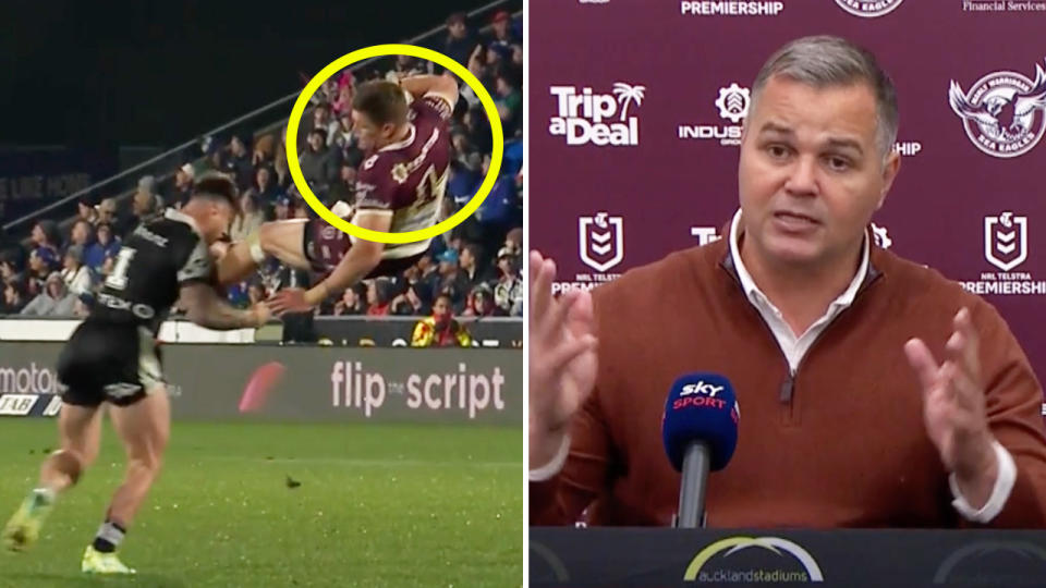 Reuben Garrick tackled in the air and Manly coach Anthony Seibold speaking.