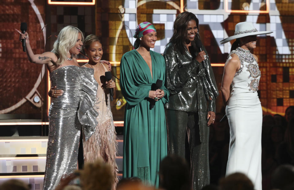 Lady Gaga, from left, Jada Pinkett Smith, Alicia Keys, Michelle Obama and Jennifer Lopez speak at the 61st annual Grammy Awards on Sunday, Feb. 10, 2019, in Los Angeles. (Photo by Matt Sayles/Invision/AP)