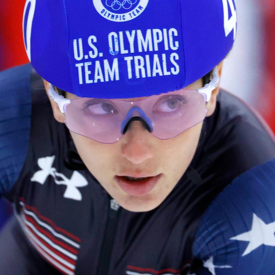 Kristen Santos reacts after competing in the Women's 1000m quarter final race during the U.S. Olympic Trials Short Track Speed Skating competition Dec. 18, 2021. Photo by Jeffrey Swinger-USA TODAY Sports