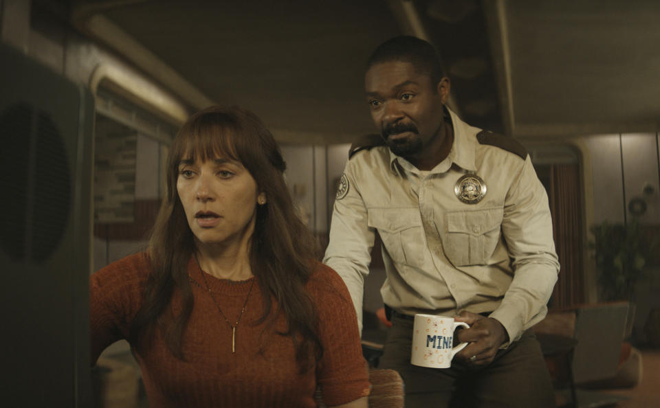 This image released by Apple TV+ shows Rashida Jones, left, and David Oyelowo in a scene from "Silo," premiering May 5. (Apple TV+ via AP)