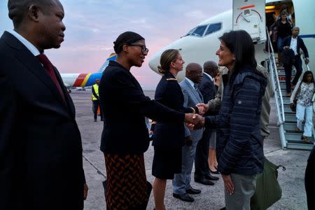 U.S. Ambassador to the United Nations Nikki Haley is received upon arriving at the N'Djili International Airport in Kinshasa, Democratic Republic of Congo, October 25, 2017. REUTERS/Robert Carrubba