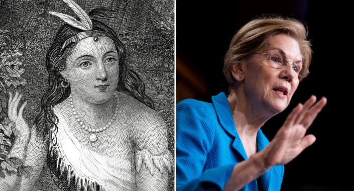 Pocahontas, 1595-1617, and Sen. Elizabeth Warren, D-Mass. (Photos: Getty Images, Bill Clark/CQ Roll Call)