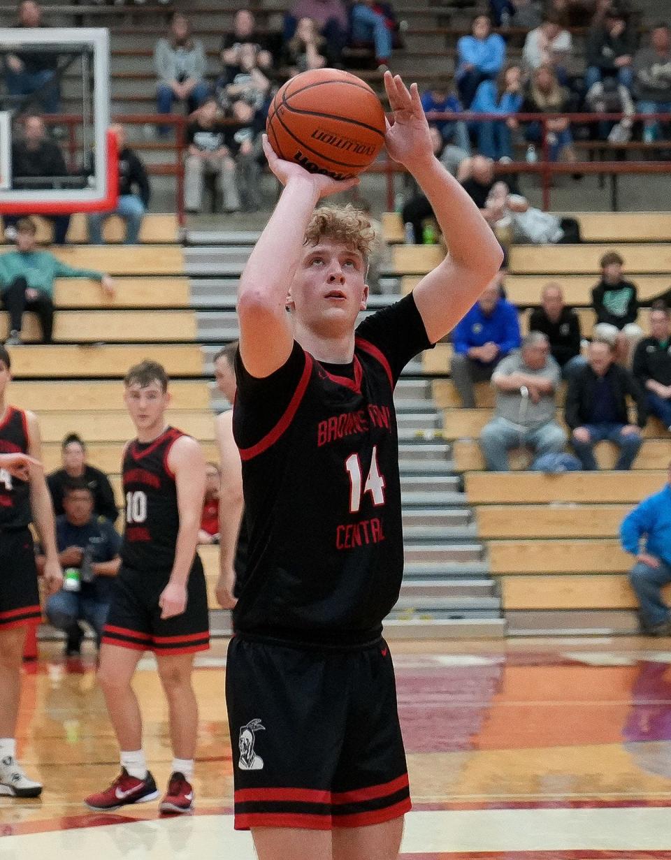 Brownstown Central's Jack Benter shoots a free throw during semistate final at Southport High School.