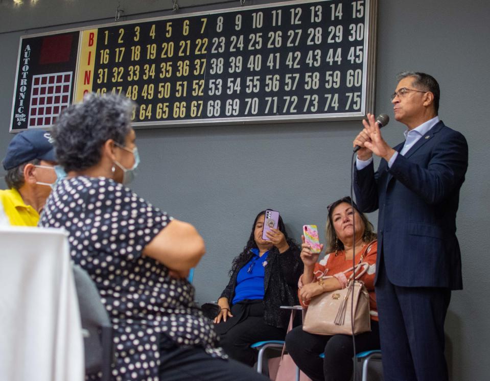 U.S. Health and Human Services Secretary Xavier Becerra speaks during an event Friday at the senior center in Desert Hot Springs.