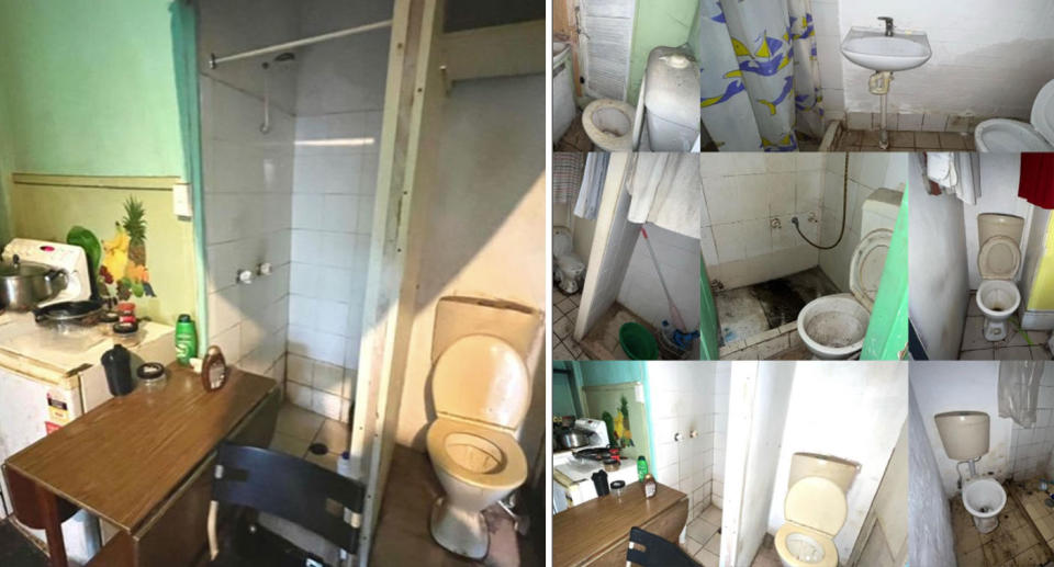 A shower and bathroom are installed in the property's kitchen (left) while images of the eight toilets ( pictured right) left little to be desired. Source: Instagram/ Michael Xanthoudakis