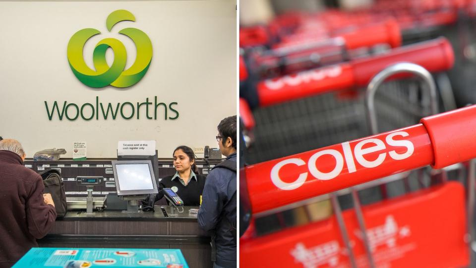 Woolworths checkout counter on left, Coles trolley on right.