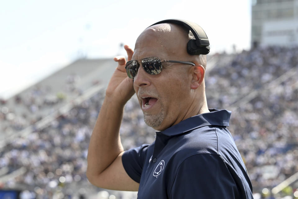 Penn State head coach James Franklin reacts during the second half of an NCAA college football game against Delaware, Saturday, Sept. 9, 2023, in State College, Pa. (AP Photo/Barry Reeger)