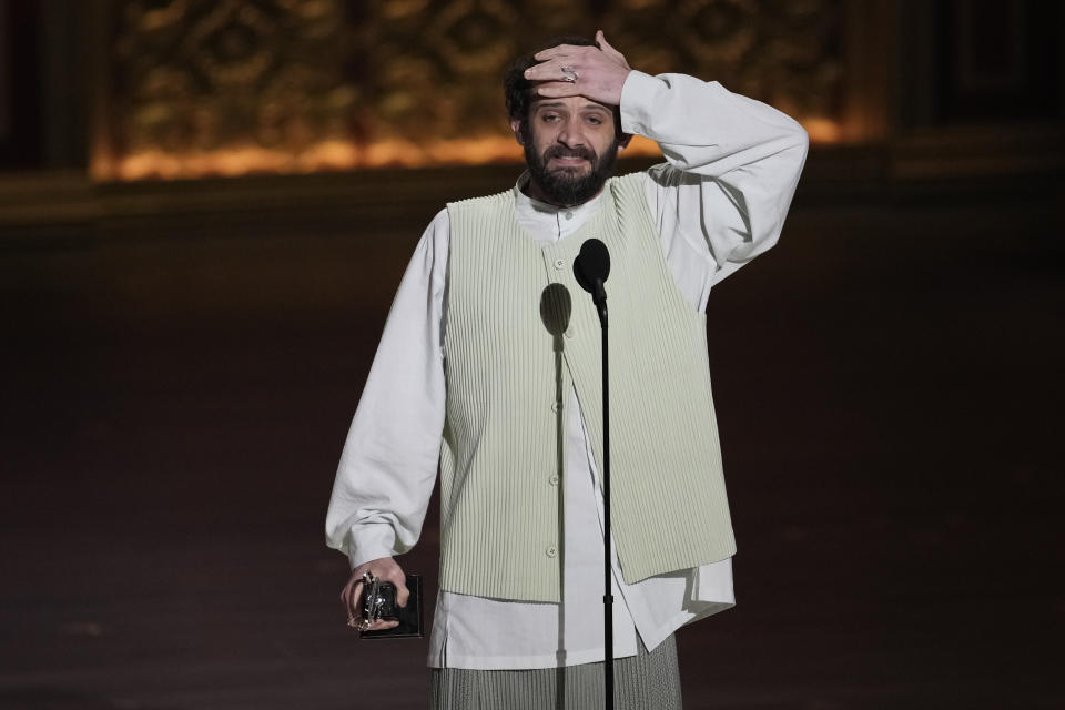 Will Brill accepts the award for best performance by an actor in a featured role in a play for "Stereophonic" during the 77th Tony Awards on Sunday, June 16, 2024, in New York. (Photo by Charles Sykes/Invision/AP)