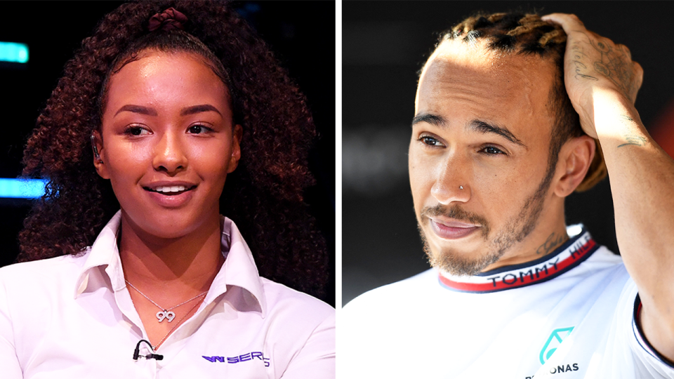 Seven-time world champion Lewis Hamilton (pictured right) before an F1 race and (pictured left) broadcaster Naomi Schiff during an interview.