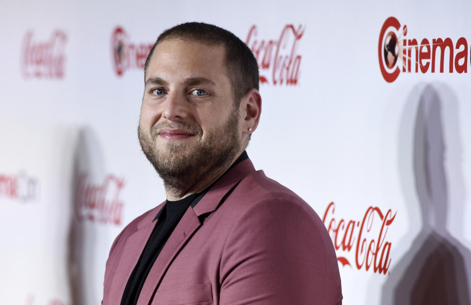 FILE - Jonah Hill, recipient of the CinemaCon Vanguard award, poses at the Big Screen Achievement Awards on April 26, 2018, in Las Vegas. Hill turns 39 on Dec. 20. (Photo by Chris Pizzello/Invision/AP, File)