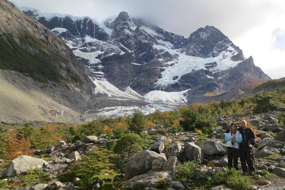 Joyce and Reuben hiking in the Patagonian mountains in South America