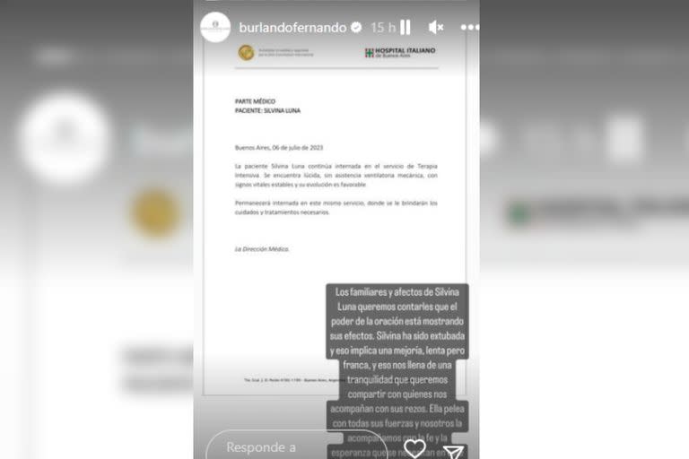 Nuevo parte médico de Silvina Luna (Foto Instagram @burlandofernando)