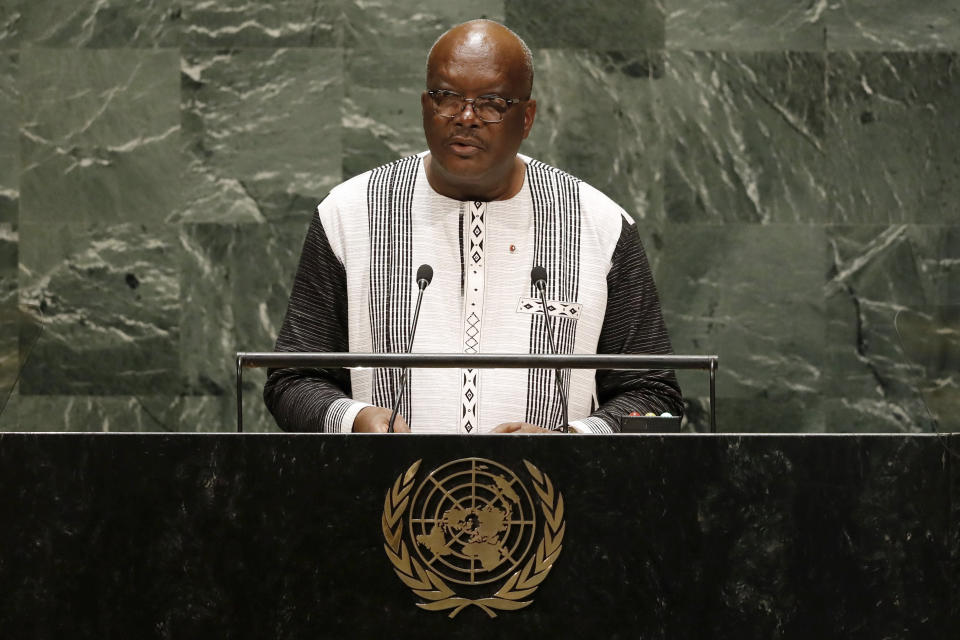 Burkina Faso's President Roch Marc Christian Kabore addresses the 74th session of the United Nations General Assembly, Tuesday, Sept. 24, 2019. (AP Photo/Richard Drew)