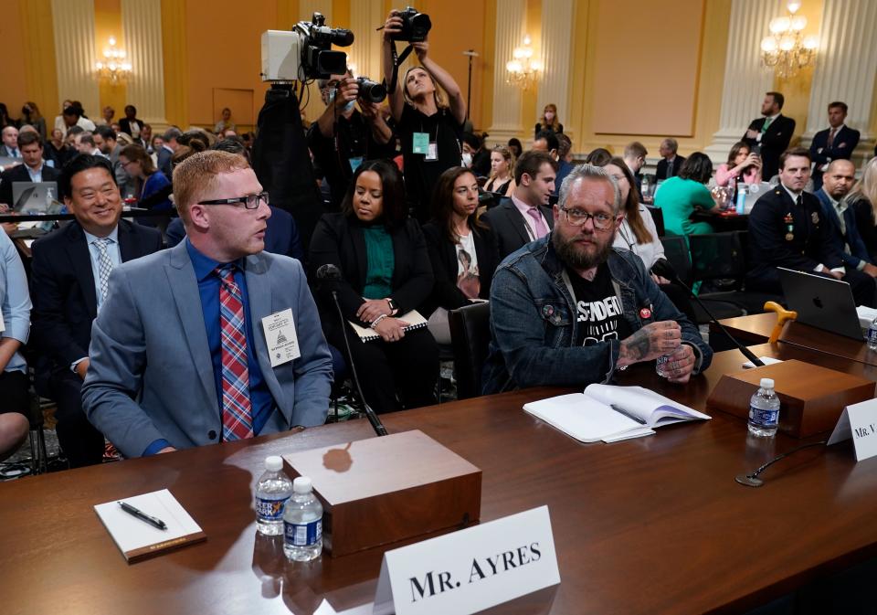 Stephen Ayers and Jason Van Tatenhove wait to testify during a public hearing on July 12, 2022 in Washington DC before the House committee to investigate the January 6 attack on the U.S. Capitol. Ayres has acknowledged that the day before the Capitol riot, he drove to Washington, D.C. to protest the certification of the 2020 presidential election results. Van Tatenhov is a former spokesperson for the Oath Keepers.
