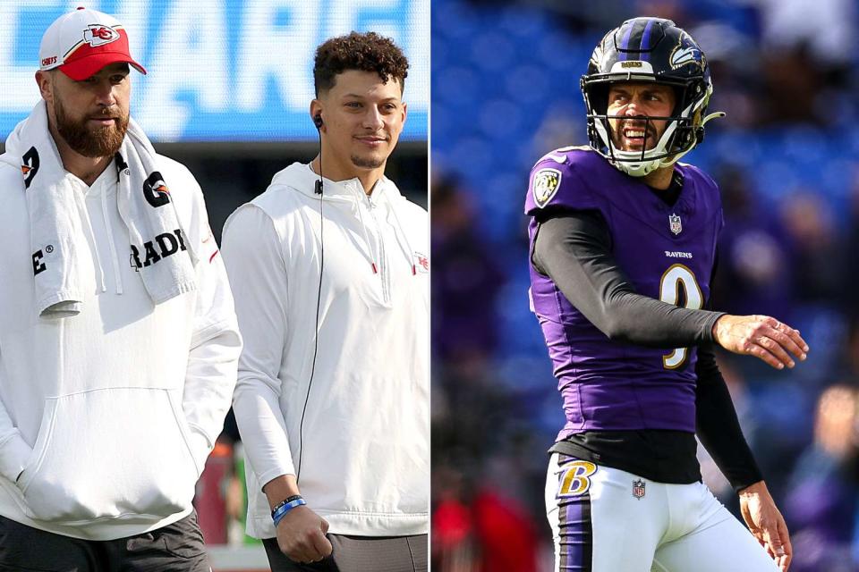 <p>Harry How/Getty Images; Scott Taetsch/Getty Images</p> Travis Kelce, Patrick Mahomes; Baltimore Ravens kicker Justin Tucker