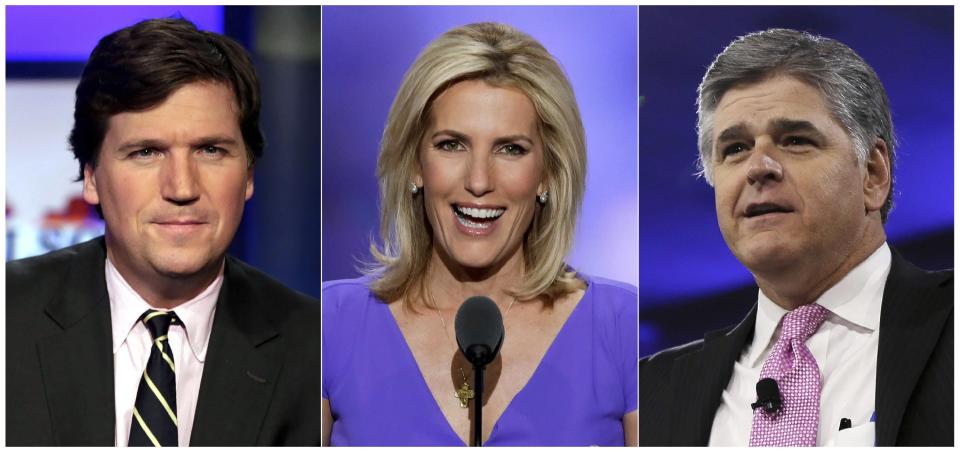 From left, Tucker Carlson, host of "Tucker Carlson Tonight,"  Laura Ingraham, host of "The Ingraham Angle," and Sean Hannity, host of "Hannity" on Fox News.