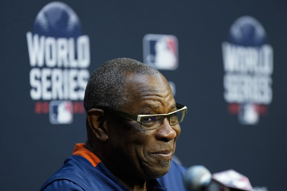 Houston Astros manager Dusty Baker Jr. listens to a question during a news conference Monday, Oct. 25, 2021, in Houston, in preparation for Game 1 of baseball's World Series tomorrow between the Houston Astros and the Atlanta Braves. (AP Photo/David J. Phillip)