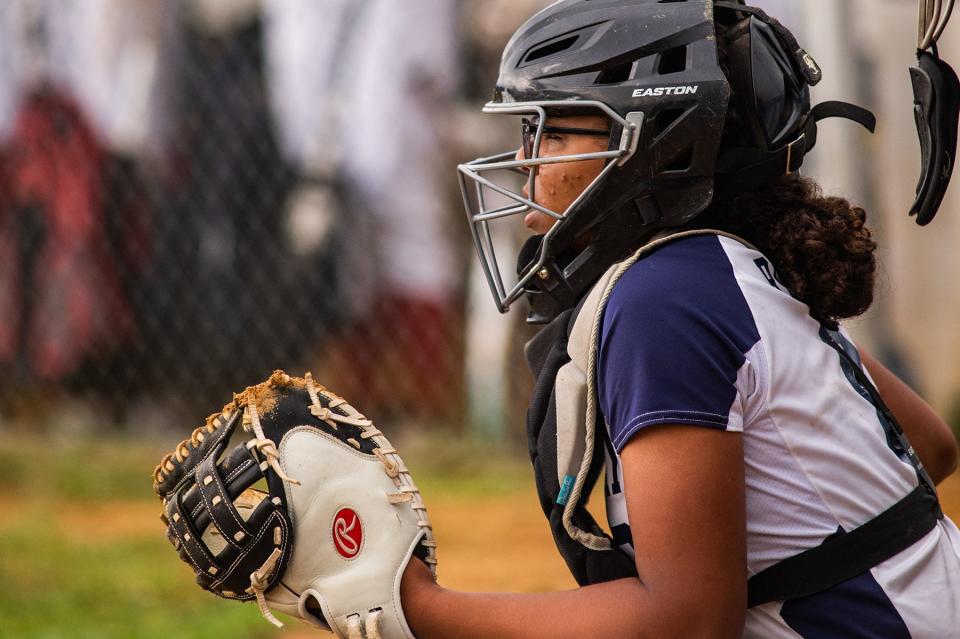 John Jay catcher Arielle Reddick watches the pitcher during the Section 1 softball game at John Jay High School in Hopewell Junction, NY on Thursday, May 19, 2022. John Jay defeated Fox Lane. KELLY MARSH/FOR THE POUGHKEEPSIE JOURNAL 