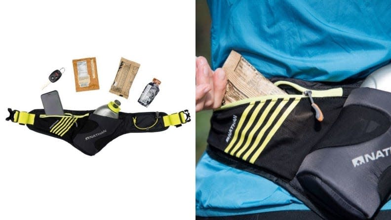 This running belt's angled bottle facilitates single-handed use.