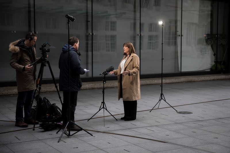 Britain's opposition Labour Party leadership contender Phillips leaves BBC HQ in London