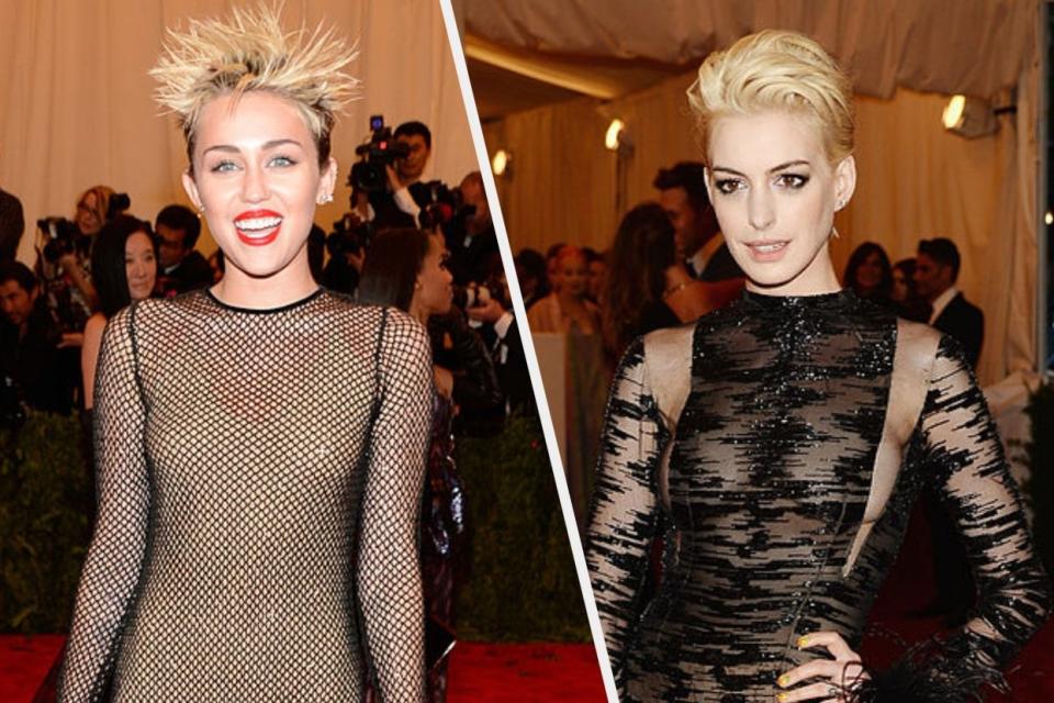 Anne Hathaway in a sheer lace gown with long, feathered sleeves, Miley Cyrus in a nude-look gown covered in a dark mesh