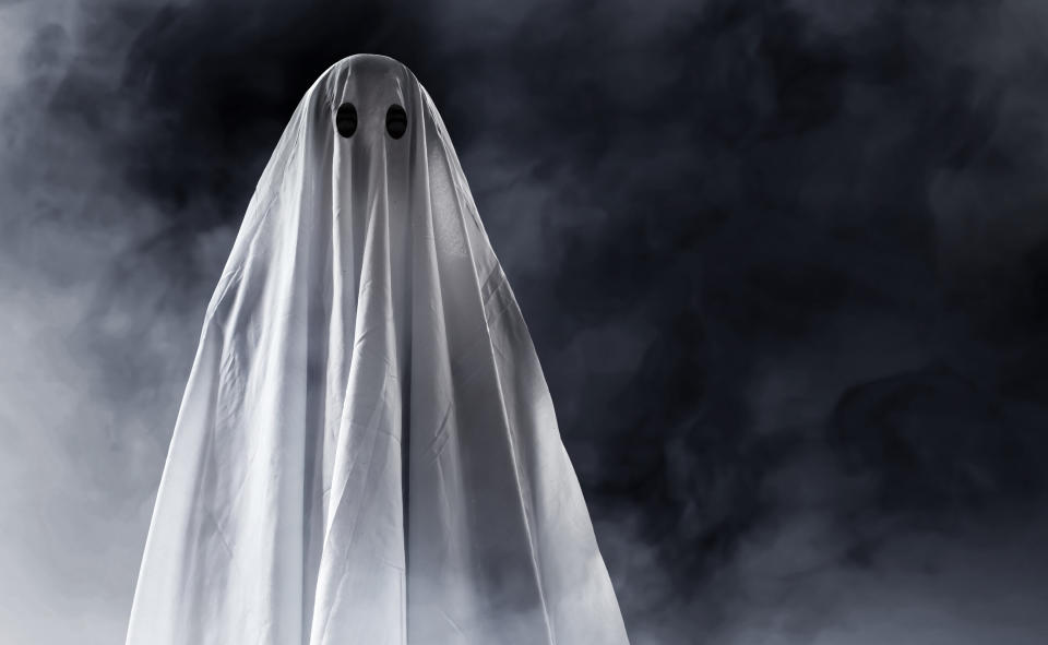 A person is dressed as a ghost.