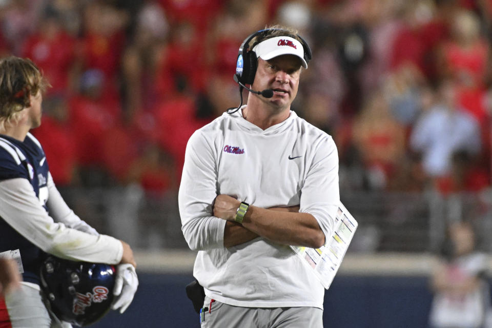 Mississippi coach Lane Kiffin walks the sideline during the second half the team's NCAA college football game against Georgia Tech in Oxford, Miss., Saturday, Sept. 16, 2023. (AP Photo/Thomas Graning)