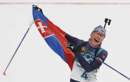 Biathlon - Pyeongchang 2018 Winter Olympics - Women's 12,5 km Mass Start Final - Alpensia Biathlon Centre - Pyeongchang, South Korea - February 17, 2018 - Anastasiya Kuzmina of Slovakia finishes. REUTERS/Murad Sezer