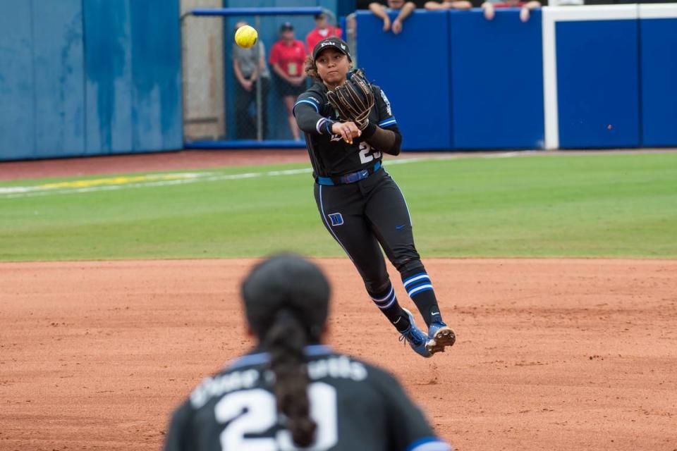 May 30, 2024; Oklahoma City, OK, USA; Duke Blue Devils infielder Jada Baker (25) throws to first base for an out in the first inning against the Oklahoma Sooners during a Women’s College World Series softball gameat Devon Park. Mandatory Credit: Brett Rojo-USA TODAY Sports