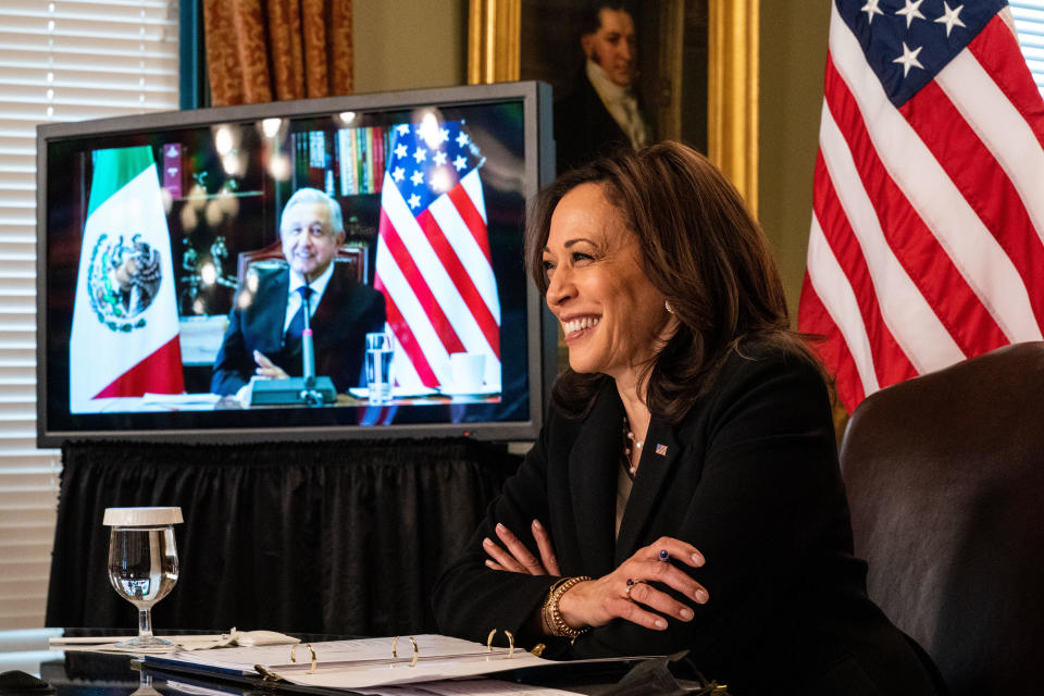 WASHINGTON, DC - MAY 07: Vice President Kamala Harris hosts a virtual bilateral meeting with President  Andrés Manuel López Obrador of Mexico in the Eisenhower Executive Office Building on the White House campus on Friday, May 7, 2021.  / Credit: Kent Nishimura / Los Angeles Times via Getty Images