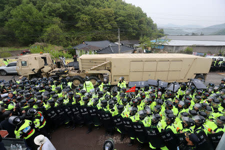 A U.S. military vehicle which is a part of Terminal High Altitude Area Defense (THAAD) system arrives in Seongju, South Korea, April 26, 2017. Kim Jun-beom/Yonhap via REUTERS