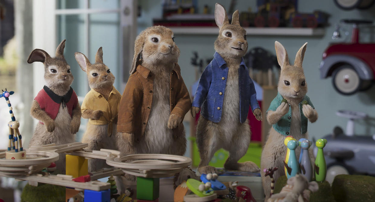 Mopsy (Elizabeth Debicki), Flopsy (Margot Robbie), Benjamin (Colin Moody), Peter Rabbit (James Corden) and Cottontail (Amy Horn) in Columbia Pictures' PETER RABBIT™ 2: THE RUNAWAY. 