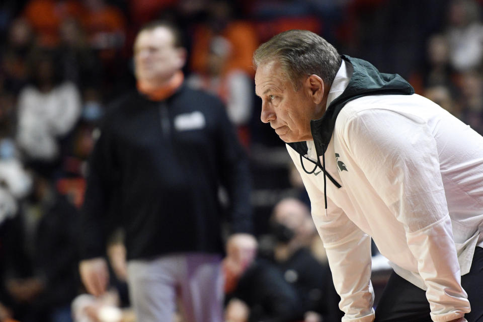 Michigan State's coach Tom Izzo looks on during the first half of an NCAA college basketball game against Illinois, Tuesday, Jan. 25, 2022, in Champaign, Ill. (AP Photo/Michael Allio)