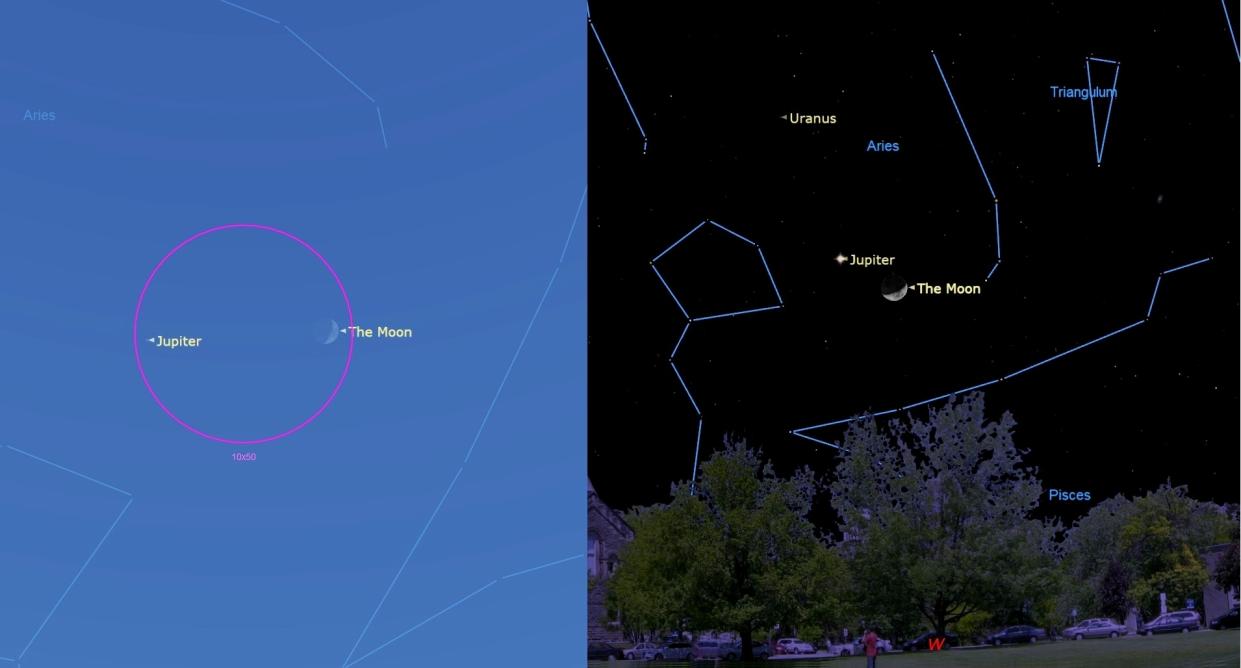  A split image — on the left, completely light blue, with a red outline encircling jupiter and the moon. On the right, some trees sit beneath a black starry sky, with blue-outlined constellations and jupiter and the moon. 