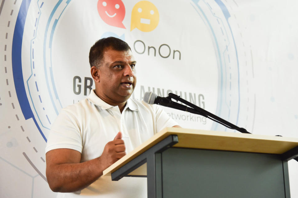 Tan Sri Tony Fernandes gives a speech during the launch of the OnOn smartphone app in Sepang October 21, 2019. — Picture courtesy of OnOn Tech