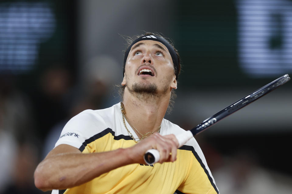 Germany's Alexander Zverev eyes the ball as he plays a shot against Australia's Alex De Minaur during their quarterfinal match of the French Open tennis tournament at the Roland Garros stadium in Paris, Wednesday, June 5, 2024. (AP Photo/Jean-Francois Badias)