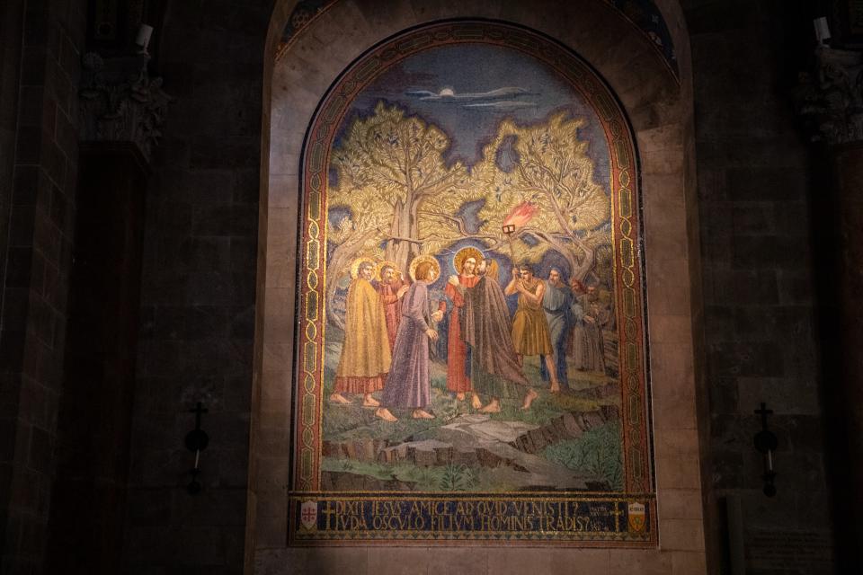 A painting of Jesus and his disciples is seen inside the Church of all Nations, also known as the Basilica of Agony in Jerusalem. 